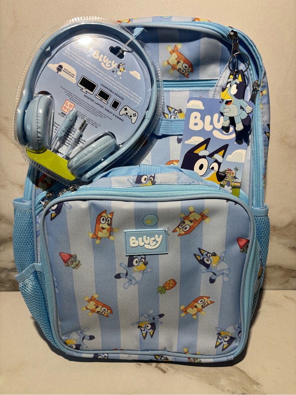 Bluey Unisex Striped Sister Dance Backpack Set with Lunch Bag and Headphones